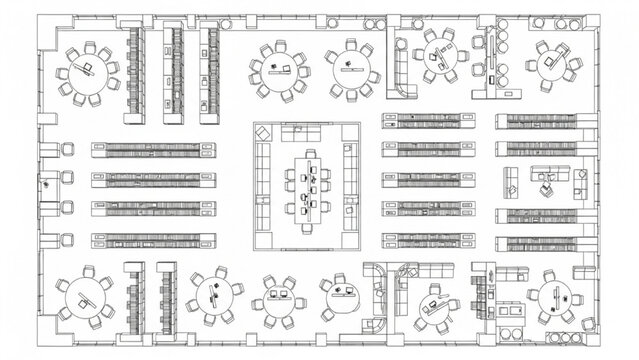 Library floor plan layout with seating and book shelving arrangement
