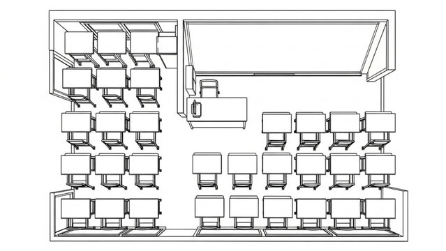 Classroom layout with desks and teacher's station overhead view