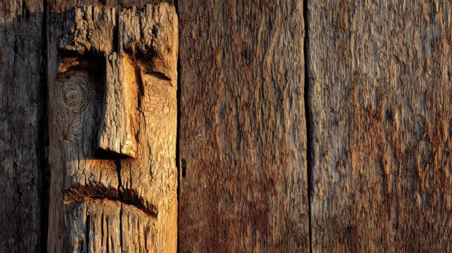 Close-up textured surface of a carved wooden effigy with stylized features and aged, weathered wood grain