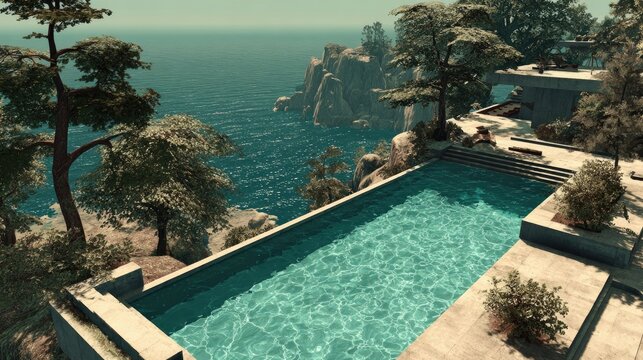 Modern luxury infinity pool overlooks dramatic coastline and deep blue ocean water