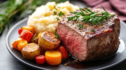 Delicious Grilled Steak Dinner with Mashed Potatoes and Roasted Vegetables.
