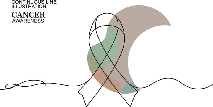 A delicate continuous line drawing featuring a pale pink ribbon for cancer awareness set against soft pastel circles and a white background