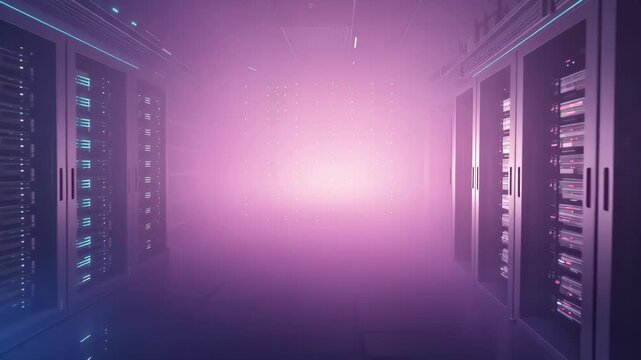 Server corridor fog neon data rack aisle with glowing misty server racks and futuristic lighting
