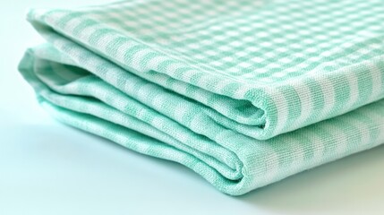 Soft Mint Green Gingham Fabric Folded Neatly.
