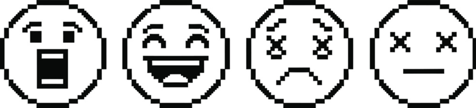 a depiction of four simple pixelated black and white emoticons on a bright yellow background expressing various emotions high quality professional