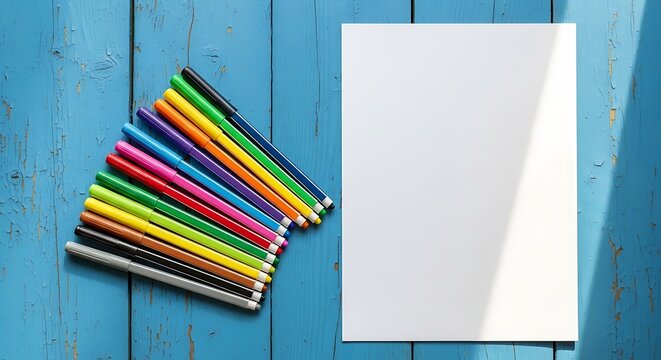 Colorful markers and blank paper background.