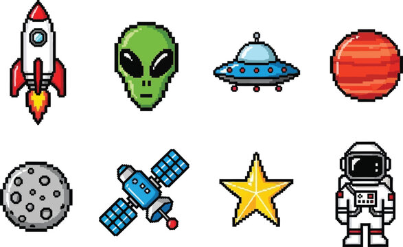 a colorful pixel art collection shows various space elements including a rocket alien planet satellite and astronaut high quality professional detailed