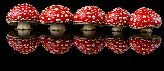 Five Red and White Fly Agaric Mushrooms in a Row with Reflections.