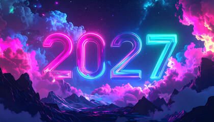 Fototapeta na wymiar Vibrant neon sign displays 2027 amidst colorful clouds and mountains.