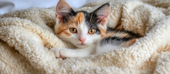 Adorable Calico Kitten Snuggled in Cozy Blanket.