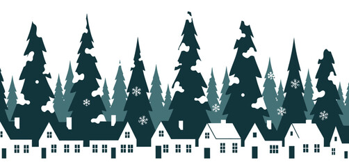Fototapeta premium a serene winter landscape depicts a charming village nestled among snow covered evergreen trees with falling snowflakes high quality professional detailed