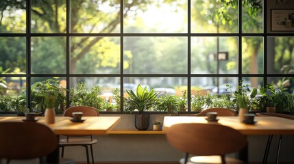 Cozy cafe interior with large windows overlooking a lush green park on a sunny day.