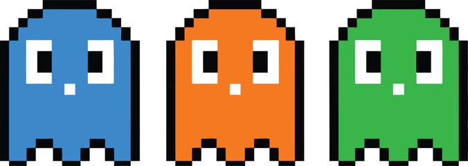 a vibrant display of three classic pixelated pacman ghosts in blue orange and green colors providing nostalgic arcade memories high quality © GK390