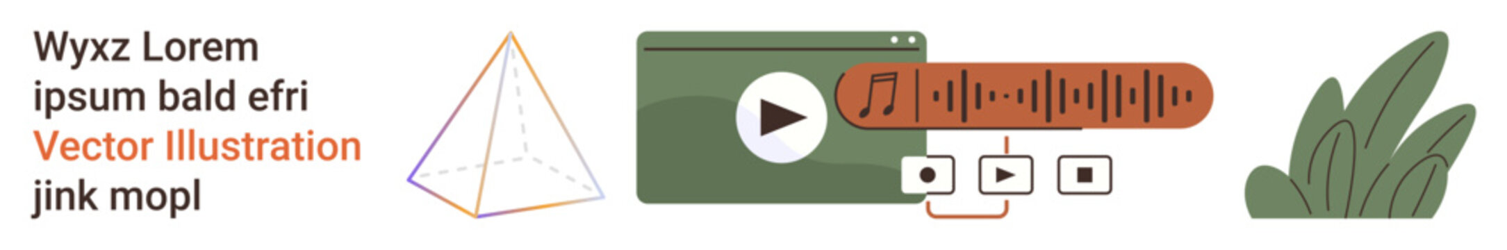 Content creation, digital design, entertainment, media tools, user interface, creative assets. Music player with controls, geometric pyramid and green foliage. Content creation and digital design