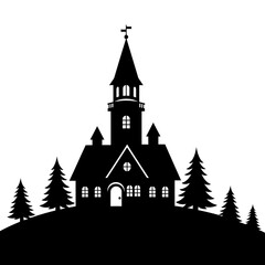 Obraz premium Silhouette of a Church on a Hill: A dramatic silhouette of a church stands atop a gentle hill, surrounded by the stark silhouettes of evergreen trees, creating a visual symphony of shadows and shapes.