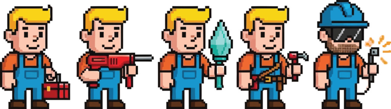 a pixel art depiction showcases five different male characters each representing a unique profession with tools high quality professional detailed modern