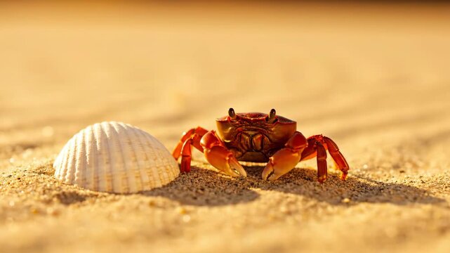 Small red crab and white seashell on golden sandy beach at sunset