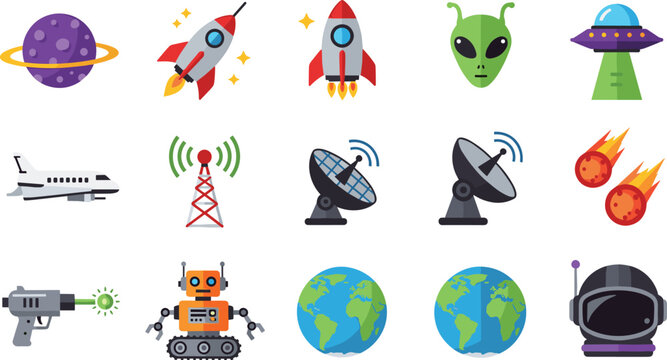 Colorful flat vector icon set featuring space exploration elements like rockets planets aliens robots and satellites isolated on white background for galaxy design projects.