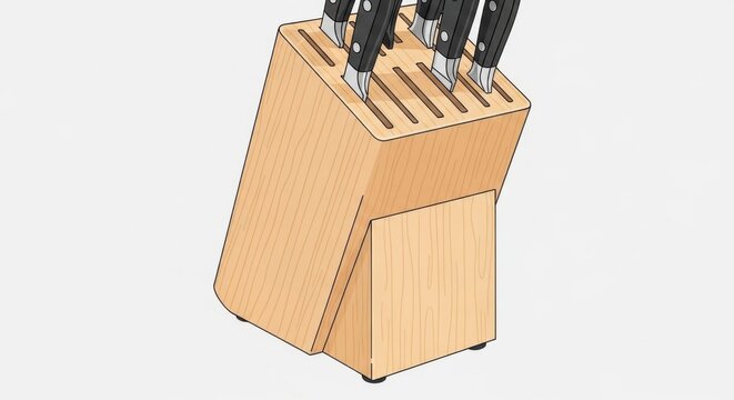 Wooden knife block with kitchen cutlery.