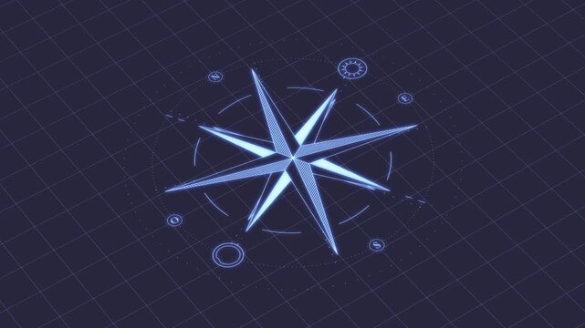 Futuristic Windrose compass rotating in digital space. Seamless looping advanced navigation interface concept.