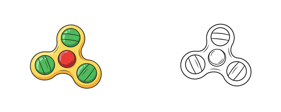 Fidget spinner toy illustrations in flat colored and black line styles with yellow green and red tones representing a modern plaything for stress relief and leisure activity