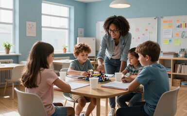 Obraz premium Teacher guides students in collaborative STEM activity at classroom