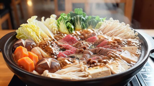 Delicious Japanese Hot Pot Meal with Fresh Ingredients and Steaming Broth.