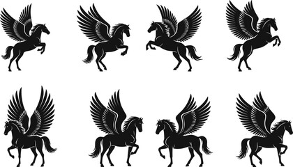 Pegasus winged horse silhouette set, mythical creature vector illustration collection, black flying horses design, fantasy emblem isolated on clean background © Mamun
