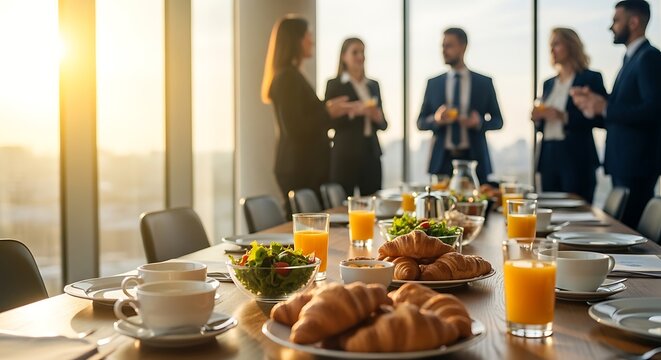 Corporate business breakfast table with fresh croissants and orange juice while blurred colleagues network in a sunny modern office at sunrise