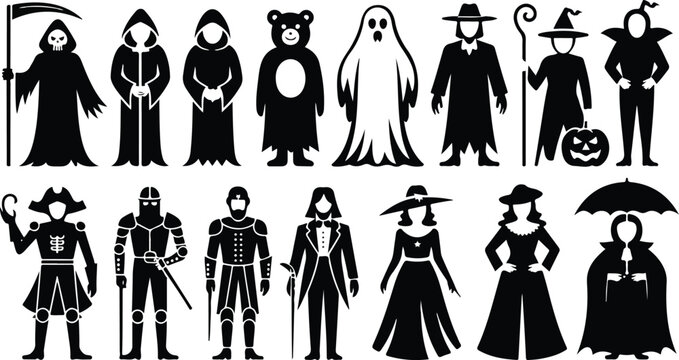 Black and white silhouette set of Halloween characters including grim reaper, ghost, knight, samurai, and cloaked figures spooky vector illustration