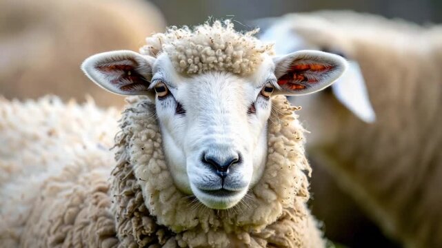 Close-up portrait of a fluffy white sheep looking directly at the camera