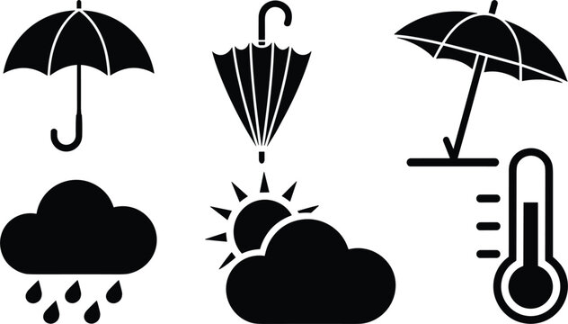 Black silhouette icons for weather forecast: umbrella, rain, sun, clouds, thermometer vector illustration