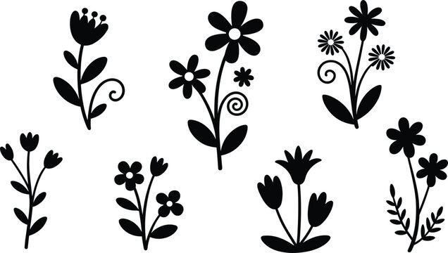 Black silhouette floral elements with swirling stems and leaves Keywords: floral, flowers, silhouette, black, white, stems