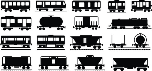 Collection of Black Silhouette Train and Railway Car Icons on White Background carriage locomotive © Ariful