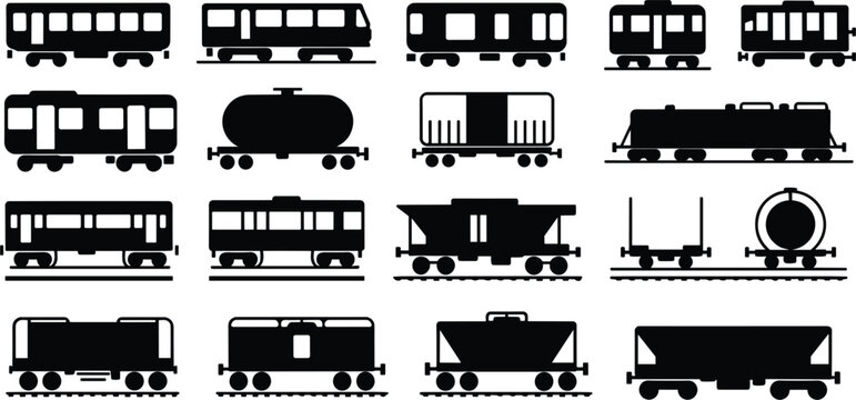 Collection of Black Silhouette Train and Railway Car Icons on White Background carriage locomotive
