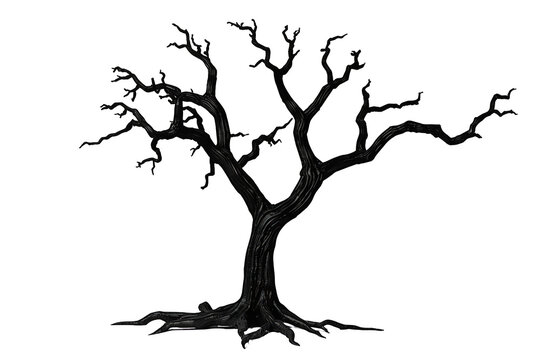 Dark spooky silhouette of a dead tree with twisted branches and gnarled roots on isolated transparent background