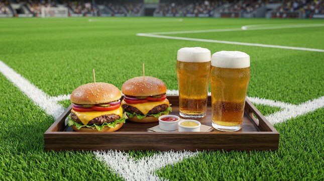 Juicy gourmet burgers and frothy beer served on a tray on a vibrant green soccer field with stadium lights illuminating