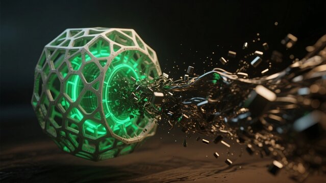 緑色に発光するコアを持つ白い多面体の構造物から黒や銀色の破片や液体が激しく放出されている画像