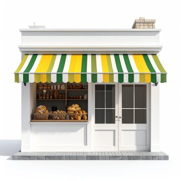 Charming bakery shop facade with striped awning offering fresh bread and pastries in a cozy inviting setting during daytime