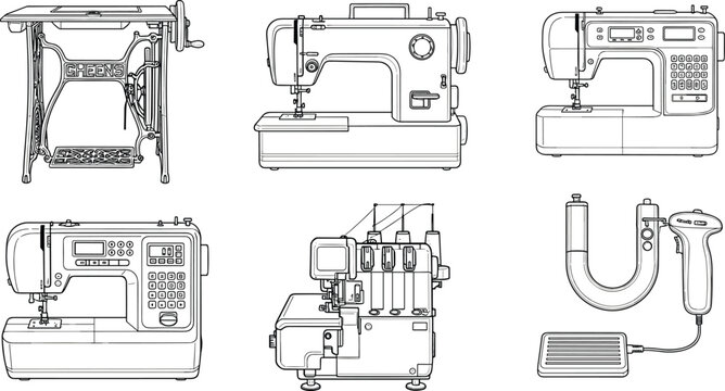 Sewing machine collection with vintage and modern equipment overlock and handheld steamer detailed tailoring tools vector line illustration set