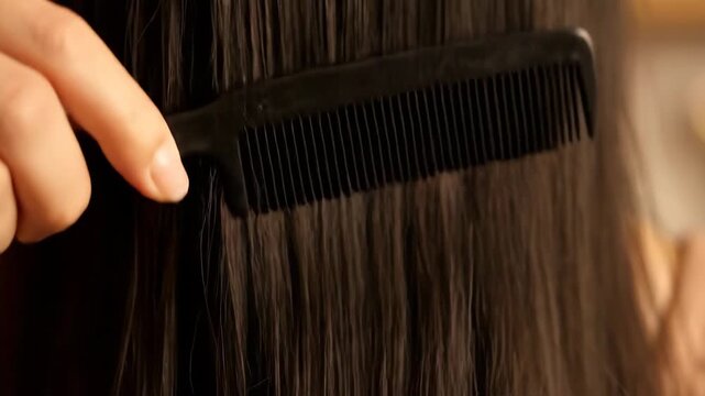 Detailed view of a comb moving through smooth dark brown hair