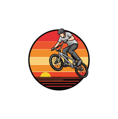 Fototapeta premium Bmx rider performing stunt against sunset background illustration