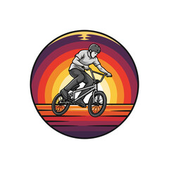 Fototapeta premium Bmx rider silhouette against sunset circle design