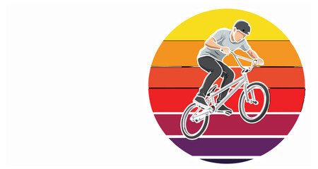 Fototapeta premium Bmx rider performing stunt silhouette against sunset illustration