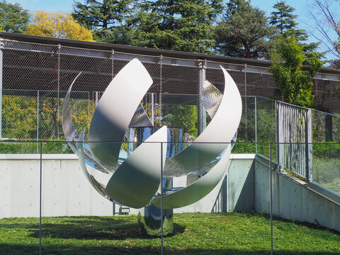 TOKYO, JAPAN - April 3, 2026: The Tokyo 2020 Olympics cauldron on display in the grounds of the MUFG Stadium, the National Stadium.