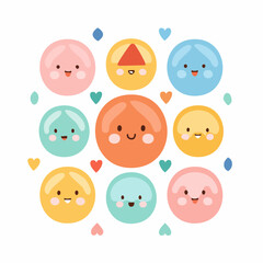 Obraz premium Circle of kawaii characters with happy faces and hearts