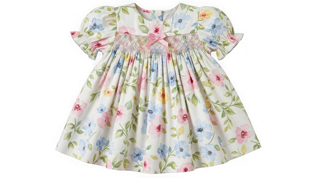 A white floral dress with short sleeves and a smocked bodice on transparent background