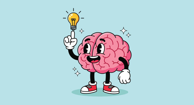 Cartoon Brain Character with Lightbulb Idea.