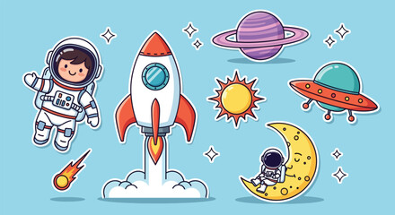 Cute Space Adventure Cartoon Collection with Astronauts and Rockets. © ErianJendra