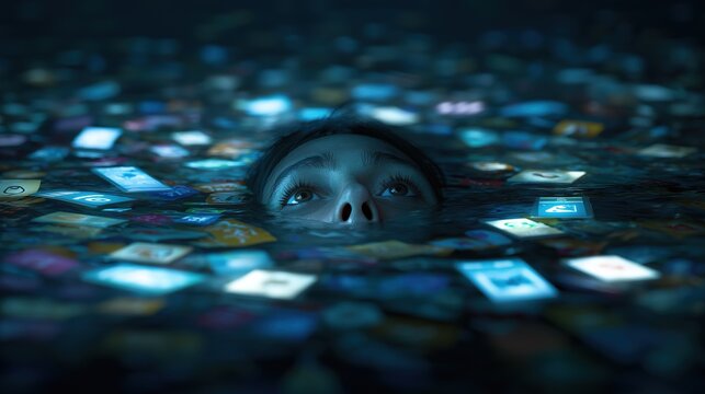 A young woman's face partially submerged in a dark sea of glowing cyan digital icons, representing information overload, social media burnout, and the drowning sensation of constant connectivity.